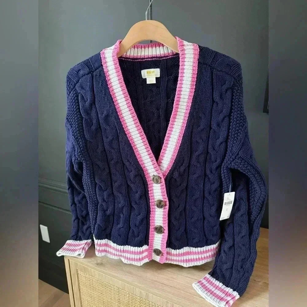 NWT • Anthropologie Maeve Varsity Cable Knit Cardigan Sweater Navy/Pink Small - Picture 1 of 9